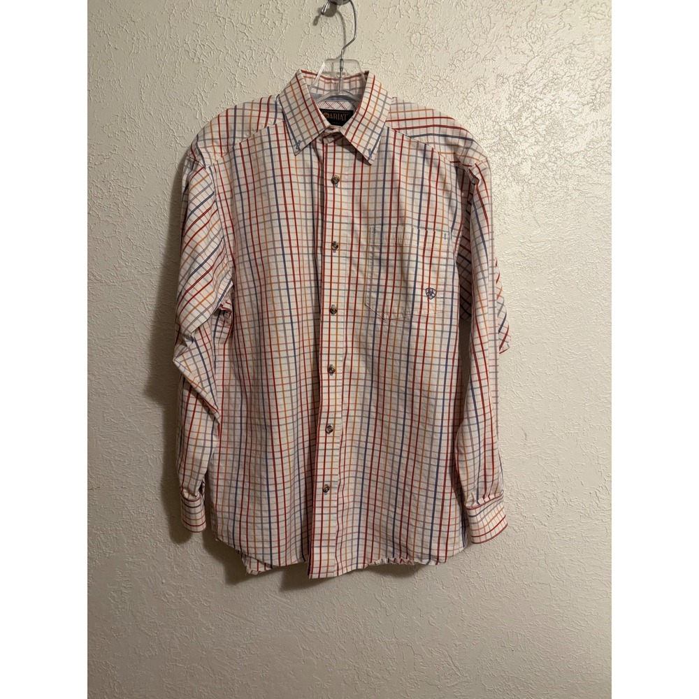 Ariat Mens Small Long Sleeve Button Down Tattersall Check Shirt White Orange